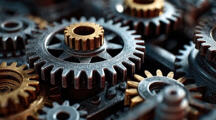 Close-up view of intricate gears, dark and light metallic tones
