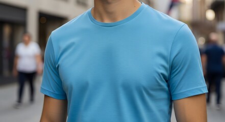 Young Model Shirt Mockup, Boy wearing blue t-shirt on street in daylight, Shirt Mockup Template on hipster adult for design print, Male guy wearing casual t-shirt mockup placement