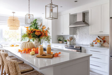 Autumn pumpkin spice latte with whipped cream and cinnamon on white kitchen counter decorated for fall with orange pumpkins and leaves