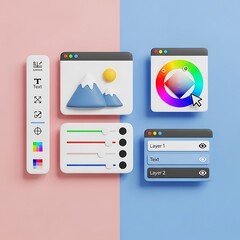 3d illustration of as various graphic design software windows and tools for creating digital artwork and editing images on a computer