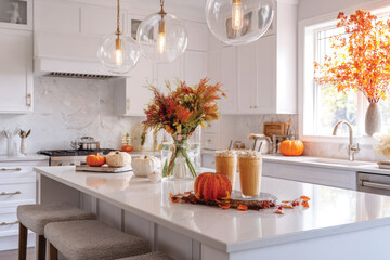 Autumn pumpkin spice latte with whipped cream and cinnamon on white kitchen counter decorated for fall with orange pumpkins and leaves
