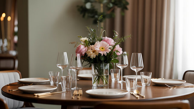 Elegant floral centerpiece on a round dining table, ready for a meal.
