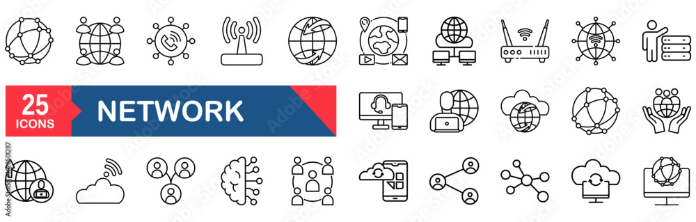 Poster network web icon set in line style. collection of information technology linear icons, including con