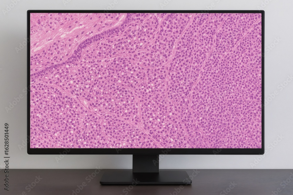 Aufkleber microscopic view of cells displayed on a computer monitor for digital histopathology, aiding in medi