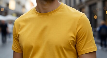 Young Model Shirt Mockup, Boy wearing yellow t-shirt on street in daylight, Shirt Mockup Template on hipster adult for design print, man, model, posing, yellow shirt, photogenic, young, boy, t-shirt