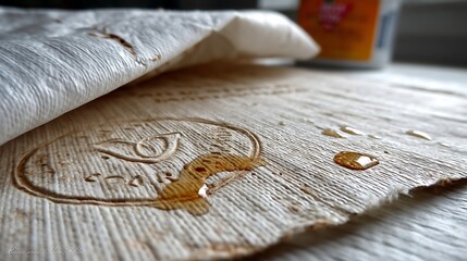 the close up picture shows a crinkled, textured paper napkin with a circular design and some script embossed onto it