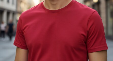 Young Model Shirt Mockup, Boy wearing red t-shirt on street in daylight, Shirt Mockup Template on hipster adult for design print, Male guy wearing casual t-shirt mockup placement