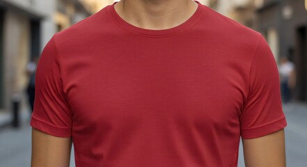 Young Model Shirt Mockup, Boy wearing red t-shirt on street in daylight, Shirt Mockup Template on hipster adult for design print, Male guy wearing casual t-shirt mockup placement