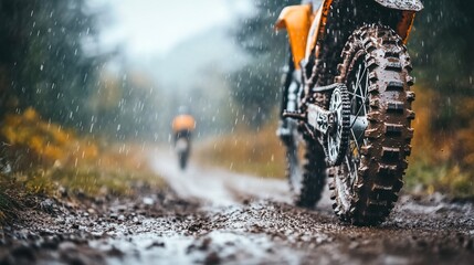 Mud-caked motocross bike in the rain
