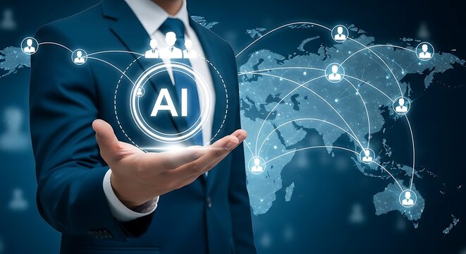 Businessman holding a glowing ai symbol with a digital world map and network connections in the background - Powered by Adobe