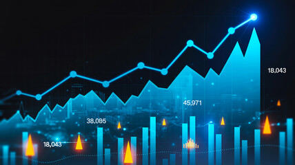 Digital business analytics dashboard displaying charts, graphs, KPIs on sleek dark blue and black background