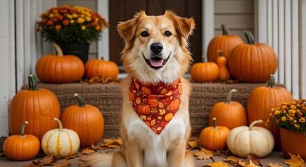 Dog on Autumn Porch with Pumpkins
