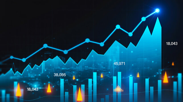 Digital business analytics dashboard displaying charts, graphs, KPIs on sleek dark blue and black background