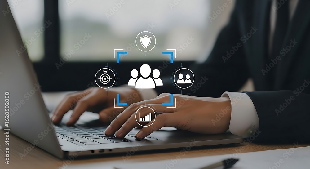 Aufkleber business professional using a laptop with digital icons representing teamwork innovation and securit