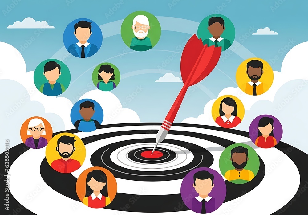 Poster 3d illustration of a dart hitting the center of a target surrounded by diverse user avatars represen