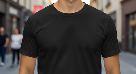 Young Model Shirt Mockup, Boy wearing black t-shirt on street in daylight, Shirt Mockup Template on hipster adult for design print, man, model, posing, black shirt, photogenic, young, boy, t-shirt