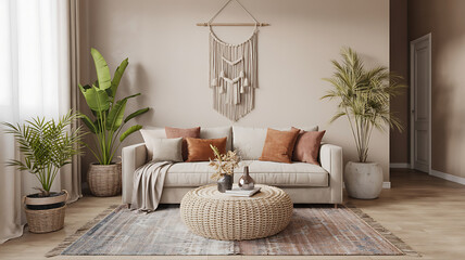 Beige living room with bohemian decor. Relaxed, earthy tones.
