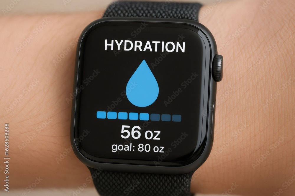 Poster close up of a smartwatch displaying a hydration tracking app, encouraging users to maintain healthy 