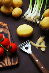 Fresh tomatoes, potatoes and green onions near vegetable peeler on dark background