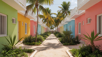 Colorful houses line a tropical walkway.
