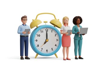 3d illustration of a diverse team of professionals standing near a large alarm clock emphasizing time management and meeting deadlines