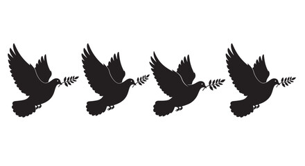 Obraz premium Four black silhouette doves flying with olive branches in their beaks representing peace and hope silhouette