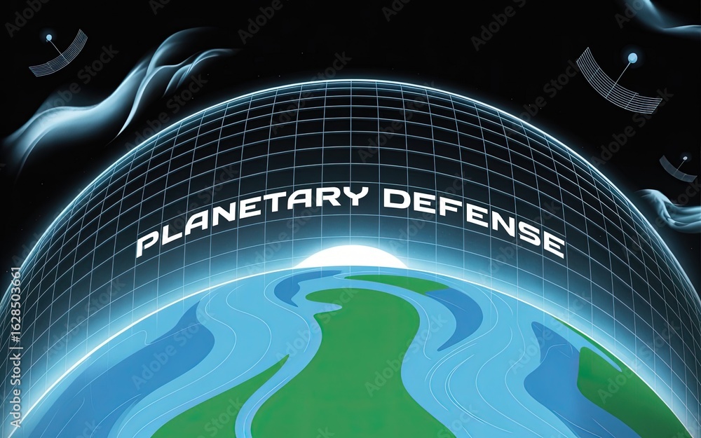 Poster planetary defense: a stylized image of earth protected by a grid, signifying a conceptual illustrati