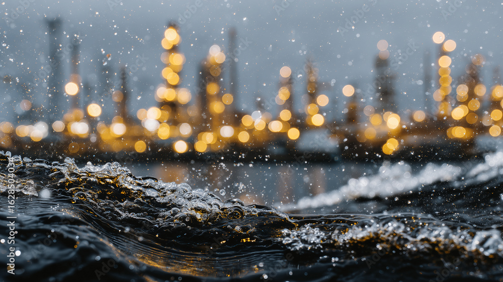 Poster macro image of black crude oil in a sampling container with bubbles on the surface, refinery workers