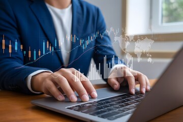 Business Analysis on Laptop: A focused individual in a professional suit meticulously analyzes data on a laptop, the backdrop showing global business trends.