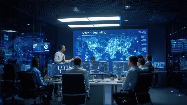 A group of professionals observes a large screen displaying a global map with data points indicating a focus on deep learning data analysis and technological advancements in a control room setting - Powered by Adobe