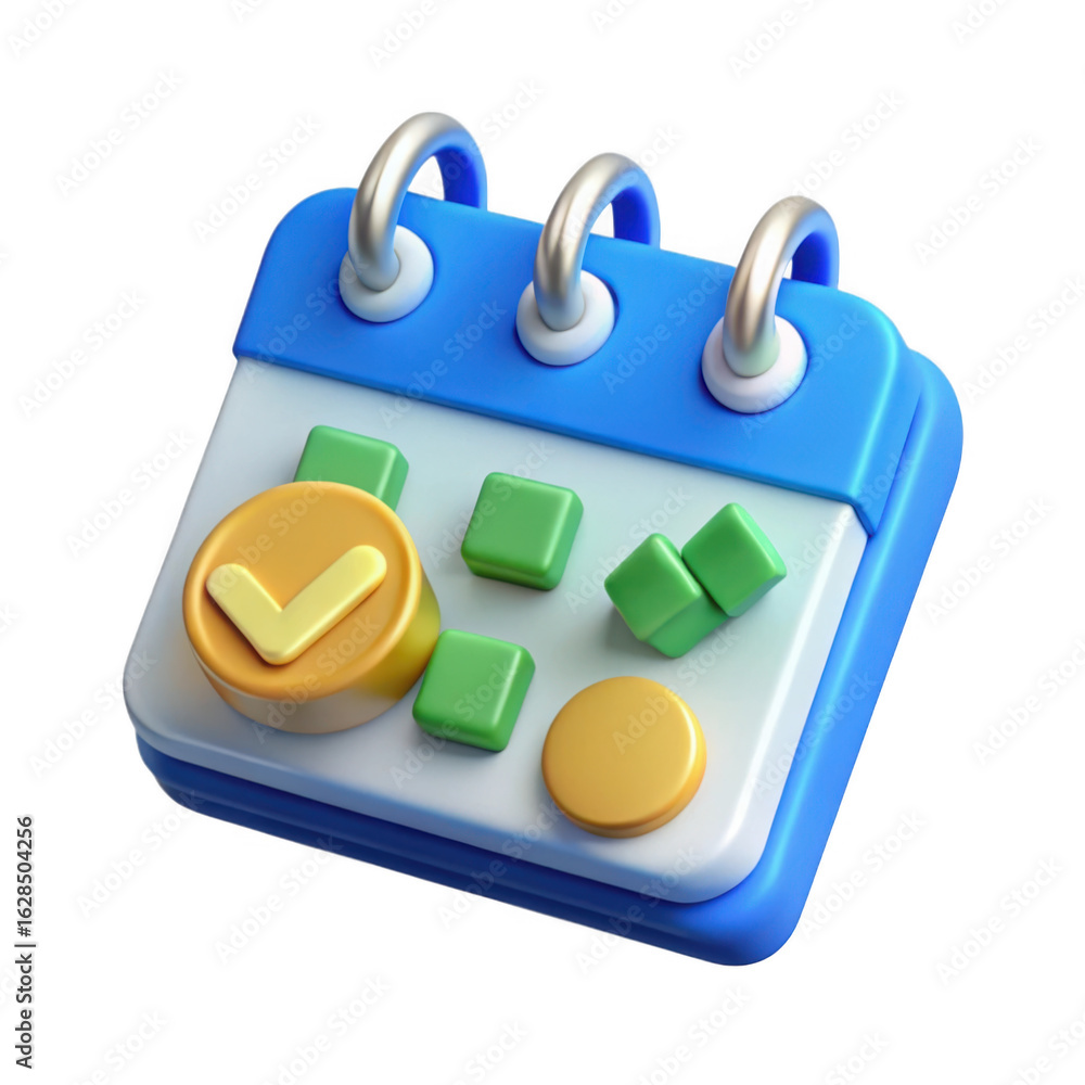 Poster 3d stylized calendar icon with checkmarks and dates isolated on transparent background