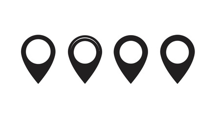 Four black location pin icons in a row silhouette