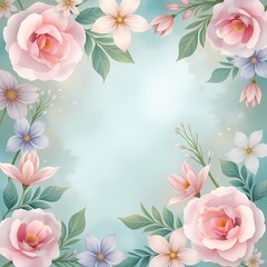 Floral pattern with pink roses and delicate flowers on a soft blue background, decorative design for greeting cards and invitations, springtime botanical illustration concept