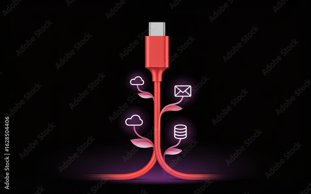 Poster usb-c innovation: the usb-c cable elegantly morphs into a symbolic network of digital infrastructure