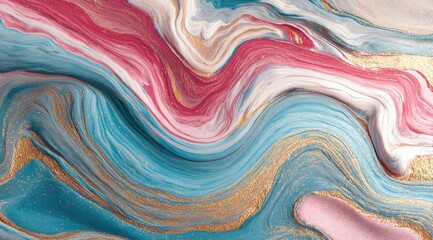Abstract fluid acrylic paint swirls in a mix of pink, teal, and gold