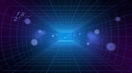 Obraz premium A mesmerizing depiction of a futuristic time tunnel with floating clocks and a grid.