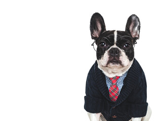 Stylish dog, glasses, blue shirt and red tie. Serious dog. Studio shot, isolated background. Closeup, indoors. Pets care concept