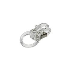 A small, clear transparent plastic spring ring jewelry clasp, showcasing its intricate mechanism and polished texture, presented on a transparent seamless background with soft diffused light, no