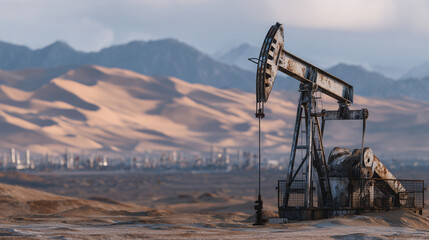 Close perspective of oil pumpjackâs mechanical components coated in desert dust, with a backdrop of endless sand dunes and industrial infrastructure blending into natural surroundi