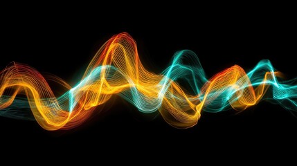 Abstract, flowing, vibrant waves of orange and teal on black