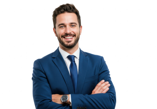 Smiling businessman with arms crossed isolated on transparent background