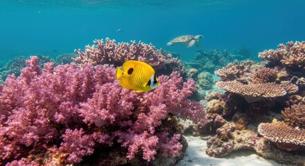 Teardrop Butterflyfish Amidst Pink Soft Coral with a Sea Turtle Gliding By