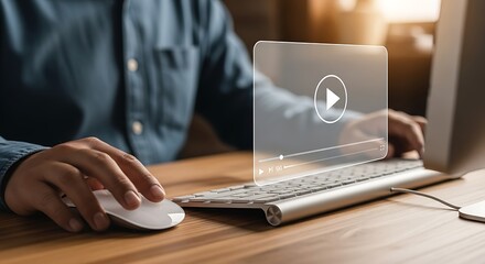 Person using computer with holographic video player interface overlay technology digital