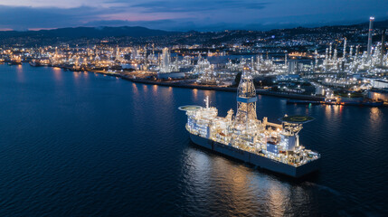 Fototapeta premium Top-down shot capturing intricate details of illuminated drilling ship equipment, sprawling decks and piping systems glowing against the darkening harbor waters, with twilightâs so