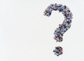 A question mark assembled from puzzle pieces on a white background.Assemble the puzzle from...
