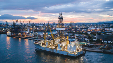 Fototapeta premium Wide aerial shot of offshore drilling vessel docked in harbor, bright industrial lights glowing vividly on cranes and machinery, twilightâs mix of blue and orange sky creating a se