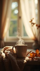 Cozy Autumn Morning with Steaming Coffee by the Window