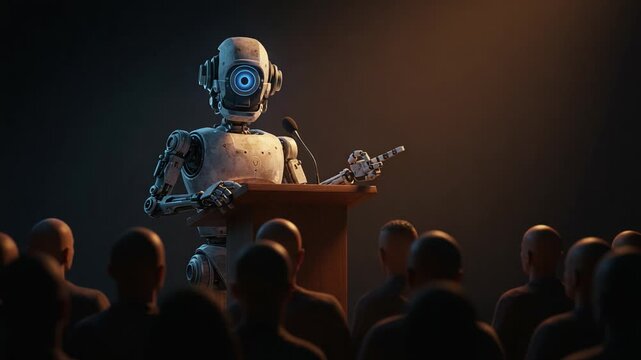 A robotic figure addresses an audience from a podium, sharing insights and knowledge in a captivating presentation, highlighting the intersection of technology and communication.
