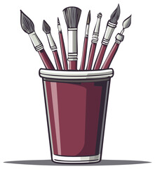 Collection of Artist Paintbrushes in a Dark Red Holder