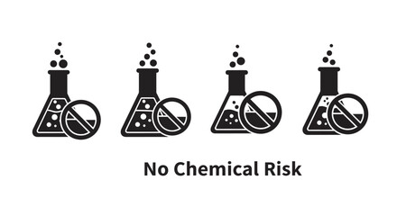 Four chemical flasks with prohibition signs indicating no chemical risk silhouette